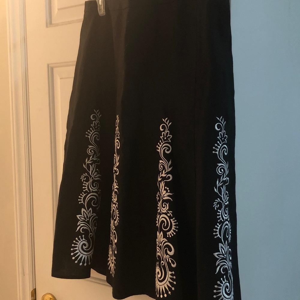 LOFT Black A-Line Skirt with White Scroll Embroidery